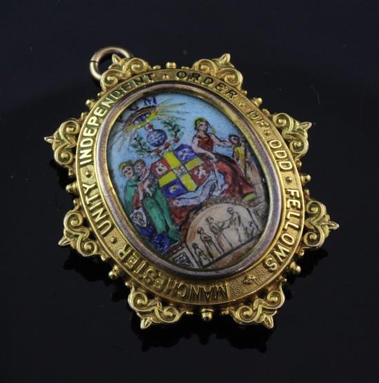 A 1960s 9ct gold and enamel Manchester Unity Independent Order Of Odd Fellows pendant, 2.25in.